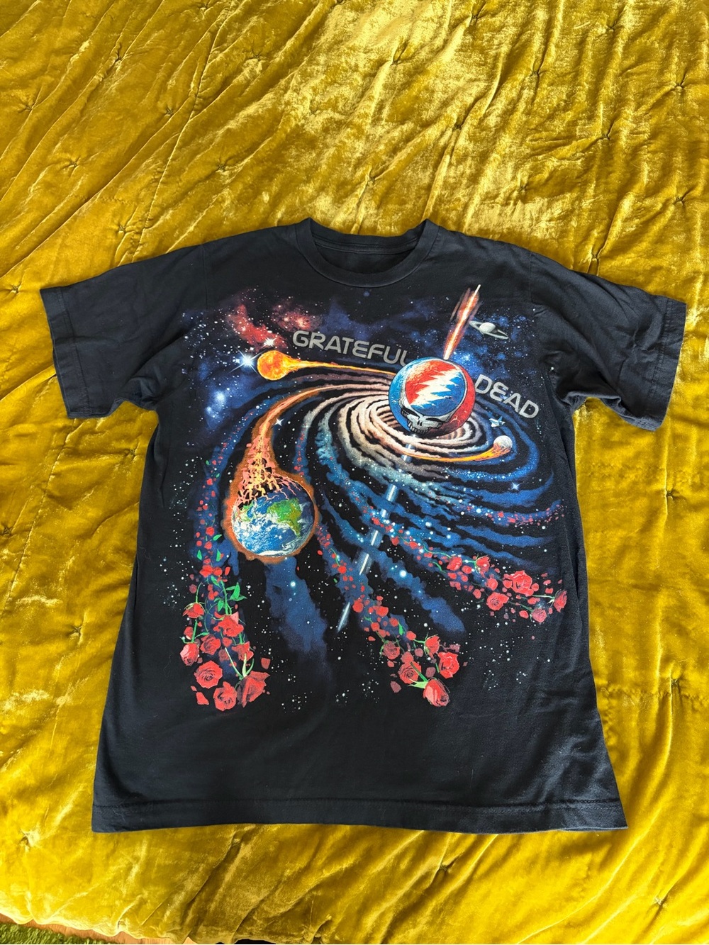 Grateful Dead Liquid Blue Steal Your Face Galaxy Space Roses T-Shirt Navy Sz Med
